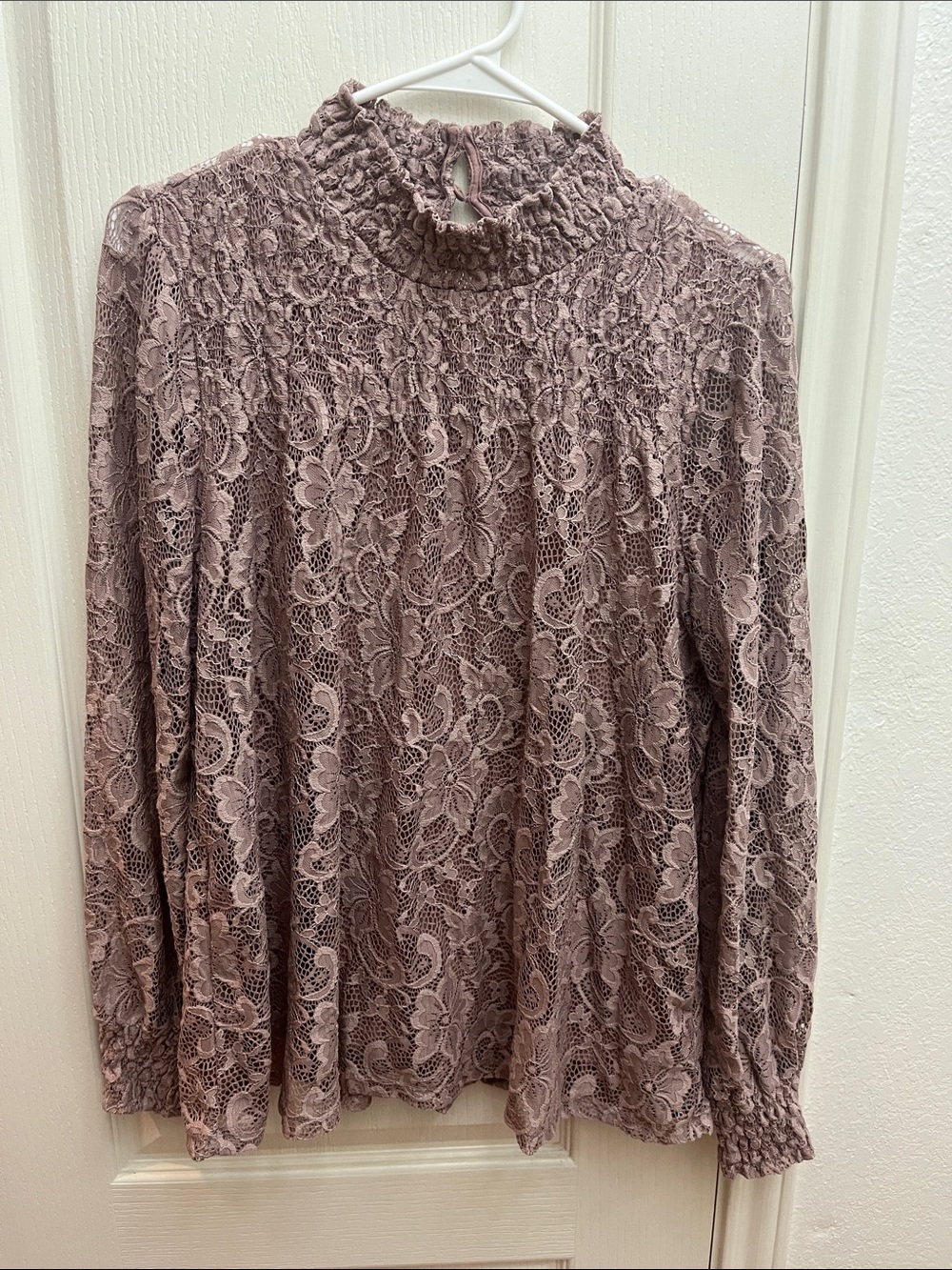 Cable & Gauge Mauve Floral Lace Smocked Mock-Neck Top